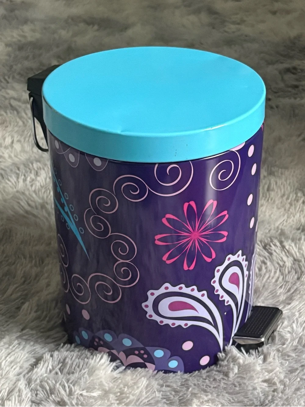 Pedal step trash can metal paisley floral groovy dorm girls bedroom purple blue